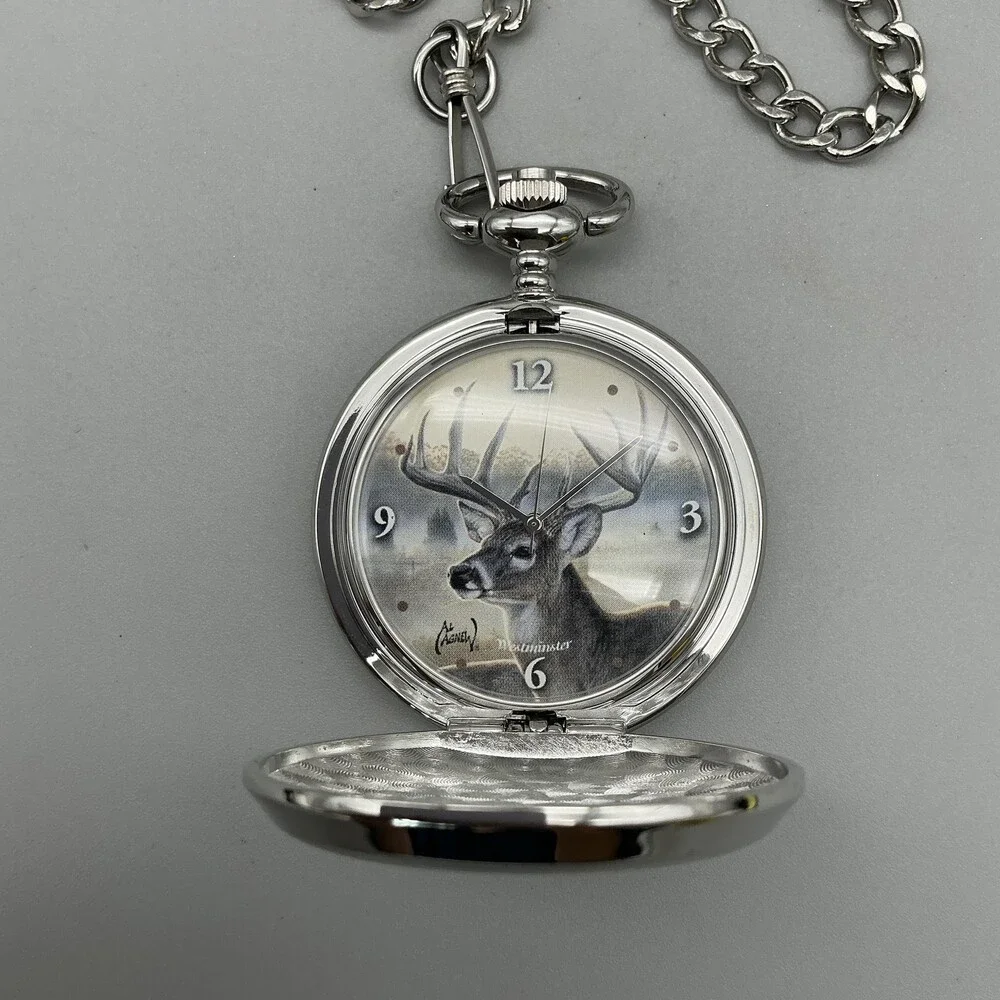 Al Agnew Pocket Watch Men 47mm Silver Tone Deer Hunter Chain Analog